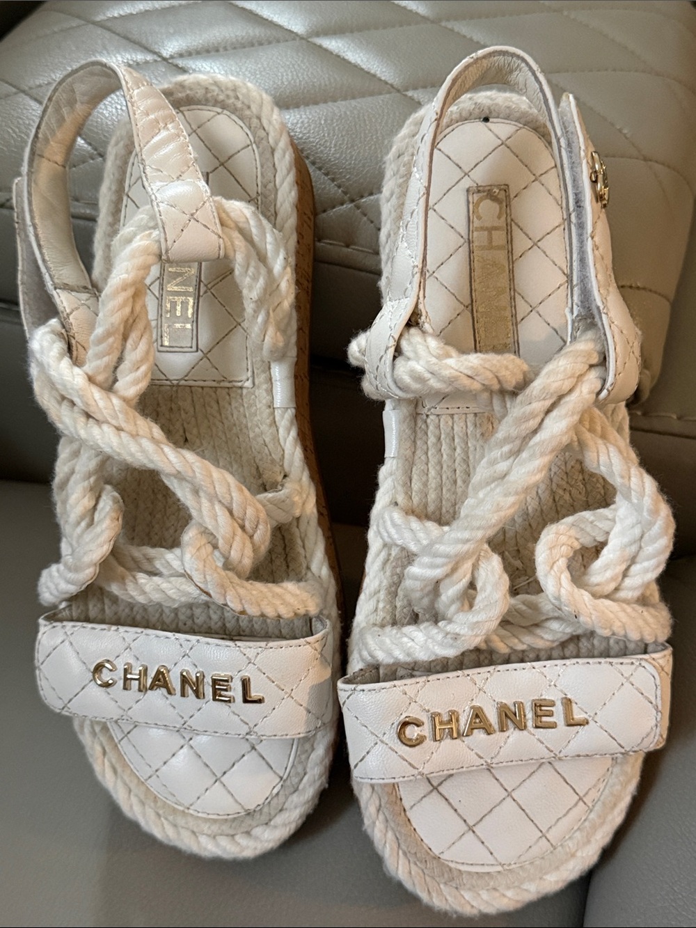 CHANEL Cream Quilted Rope Slingback Sandals with Gold Logo